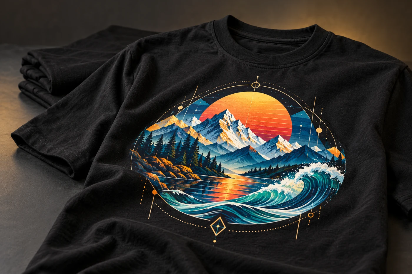 Illustrative black T-shirt with a detailed multicolour mountain and sun print