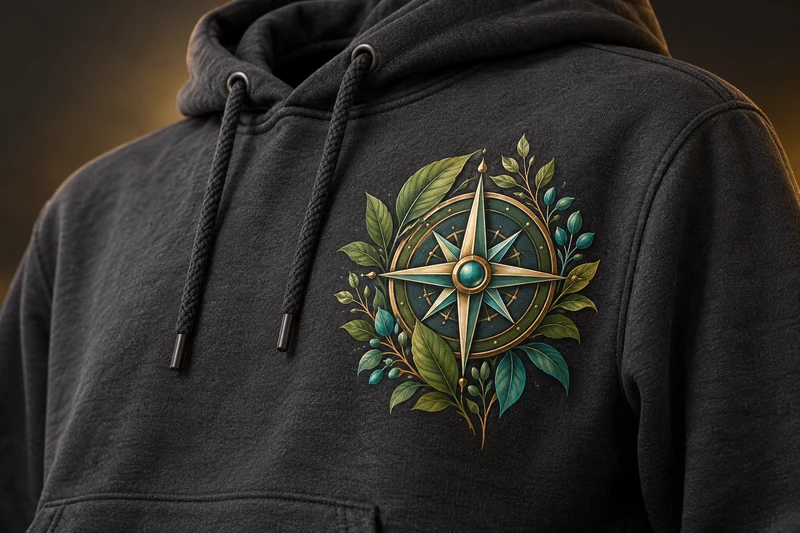 Illustrative charcoal hoodie with a colourful contour-cut compass and botanical badge print