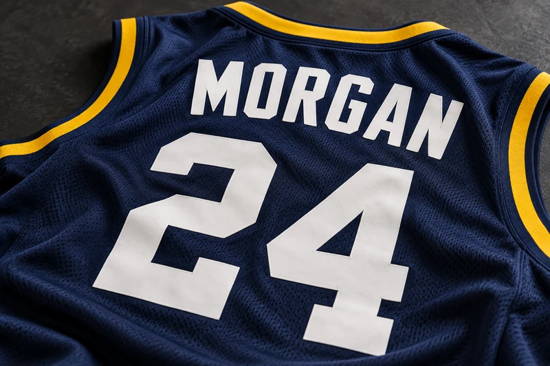 Illustrative navy sports jersey with white MORGAN lettering and number 24
