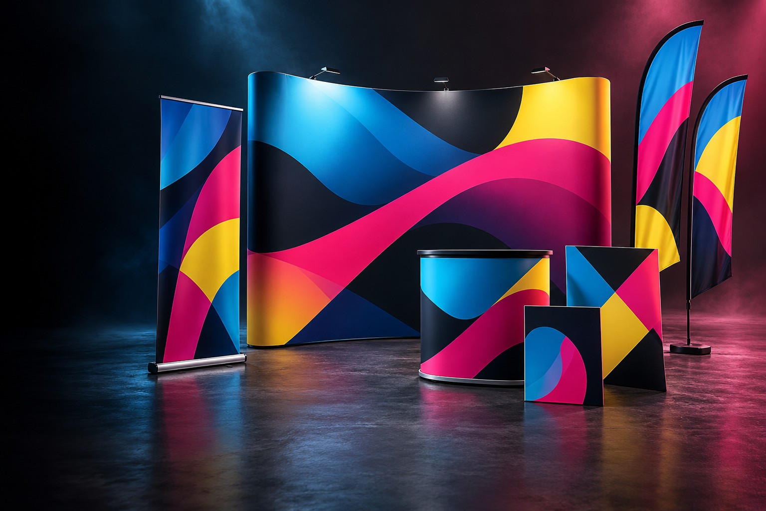 Colourful banners, feather flags, signs and an exhibition display in a dramatic dark studio