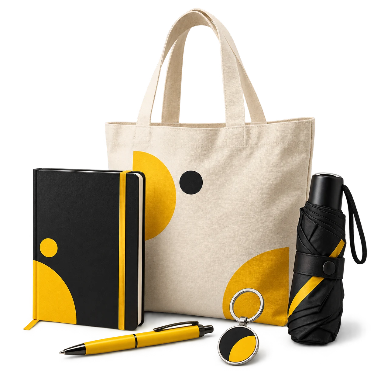 Illustrative promotional products including a tote bag, notebook, pen, umbrella and keyring