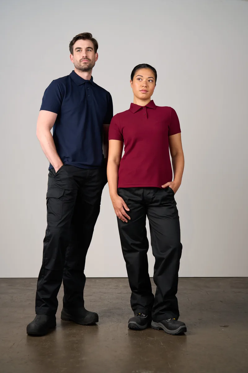 Two people wearing navy and burgundy plain polo shirts